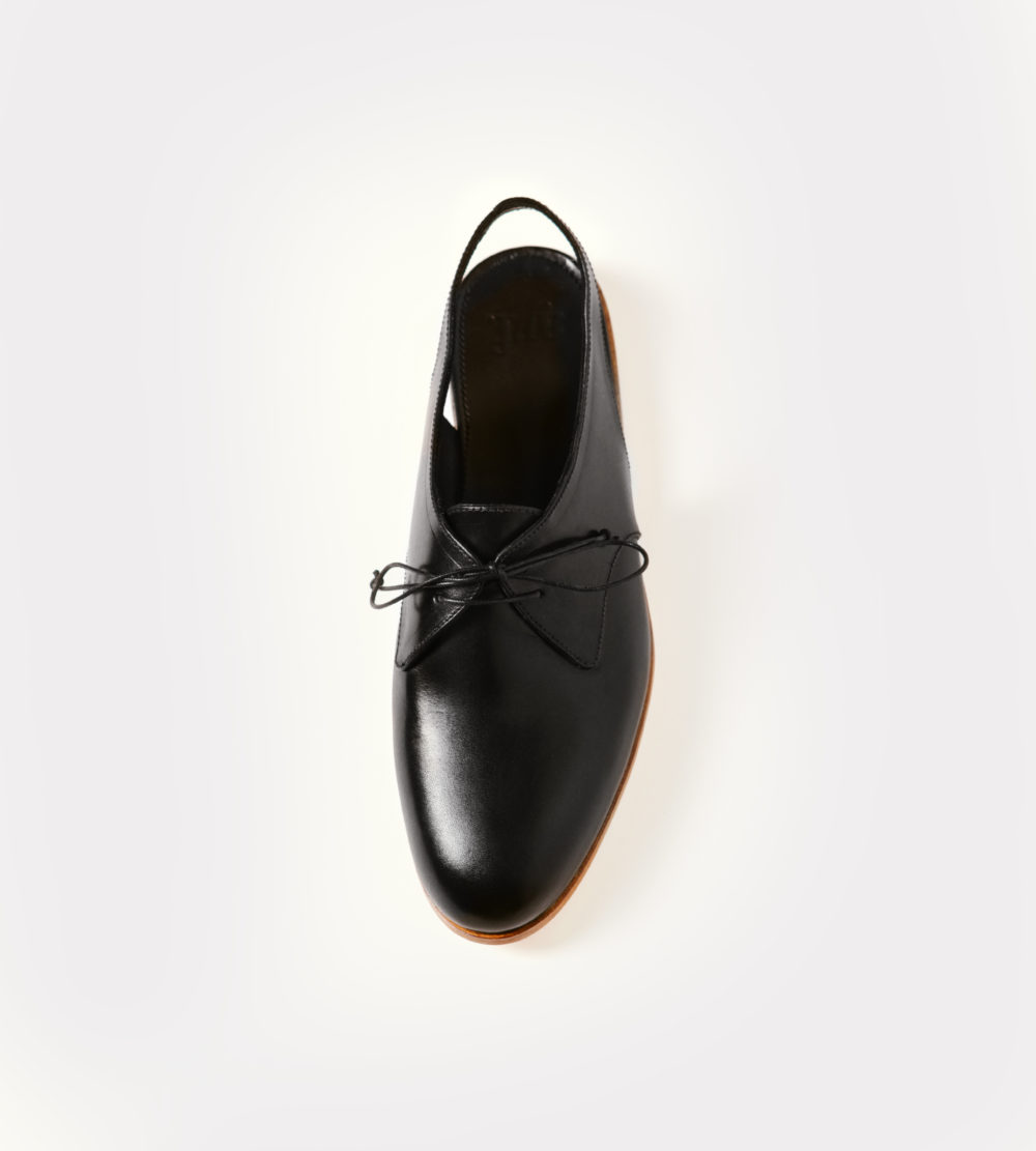 Handmade black leather open lace-up shoe - front